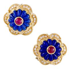 Vintage Harry Winston Diamond Ruby Lapis Lazuli Flower Earrings