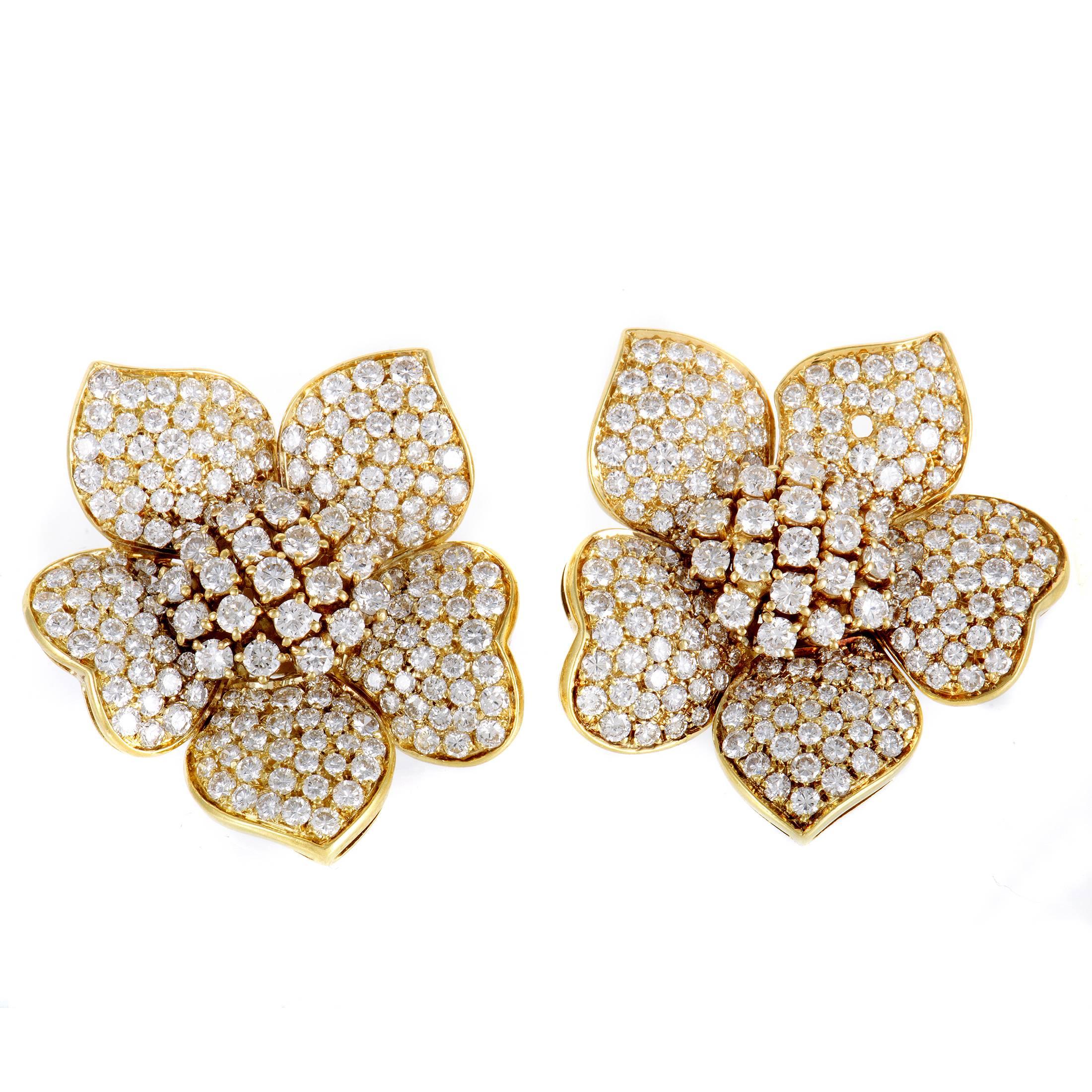Diamond Pave Yellow Gold Flower Earrings