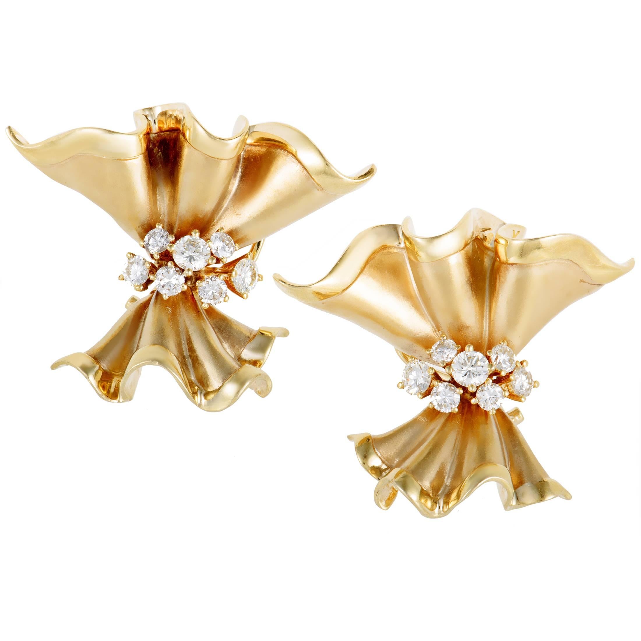 Large Diamond Cluster and Yellow Gold Bow Clip-On Earrings