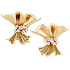 Large Diamond Cluster and Yellow Gold Bow Clip-On Earrings