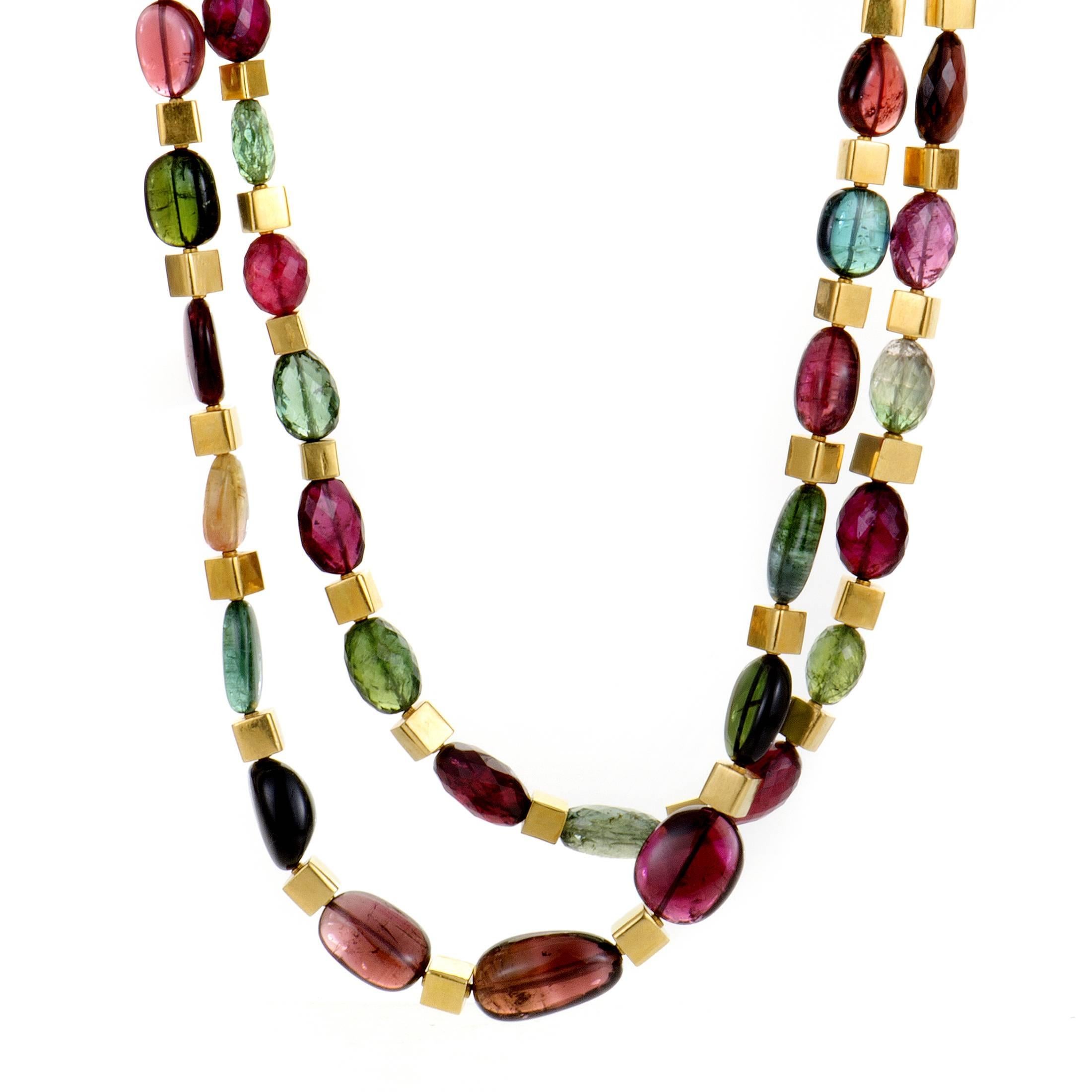 Multiple Color Tourmaline and Yellow Gold Double Strand Necklace