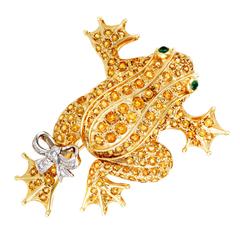 Diamond Yellow Sapphire and Emerald Yellow and White Gold Frog Brooch