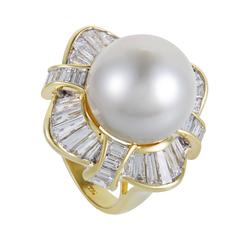 Diamond Baguette and Pearl Yellow Gold Ring