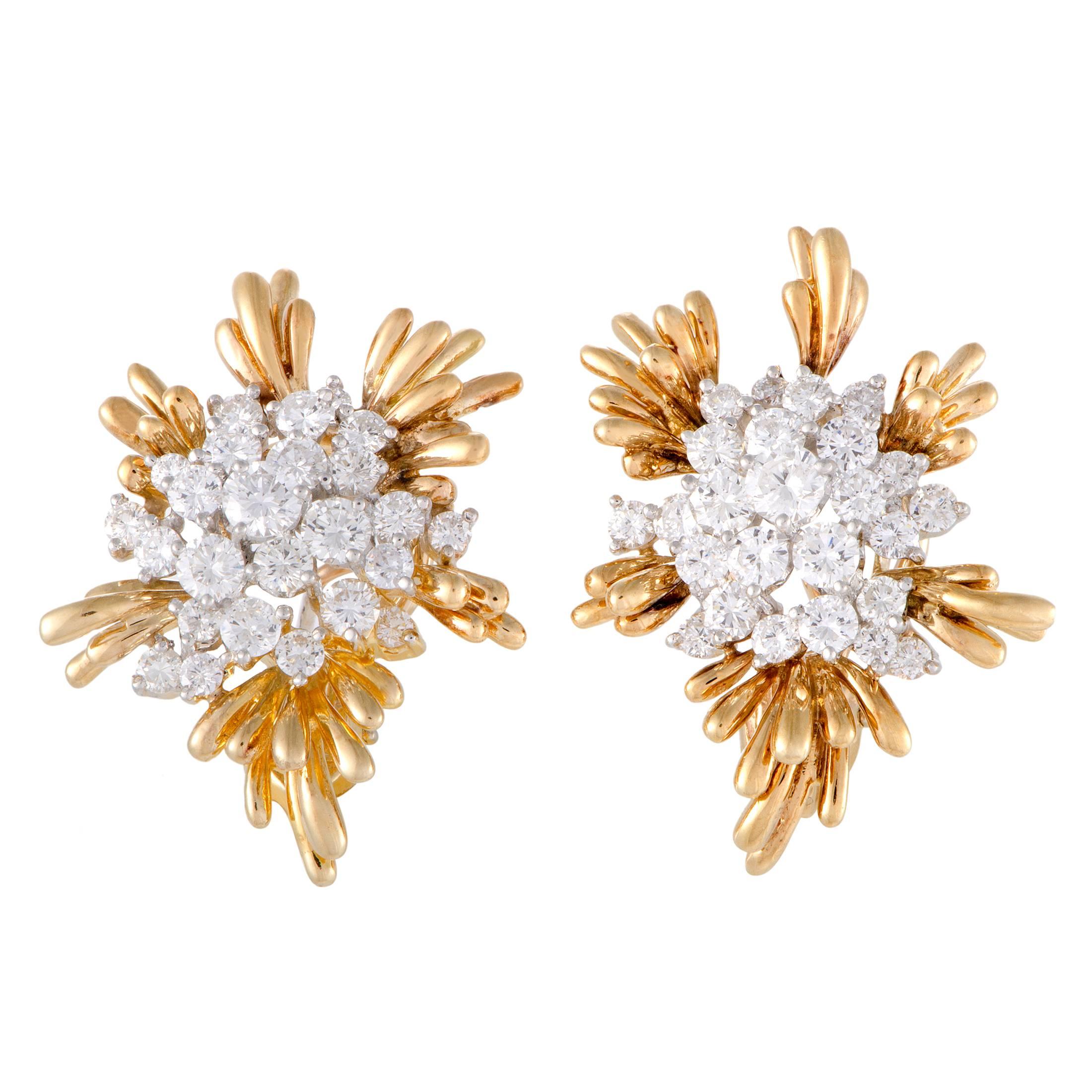 Kurt Wayne Yellow and White Gold Diamond Cluster Huggie Earrings