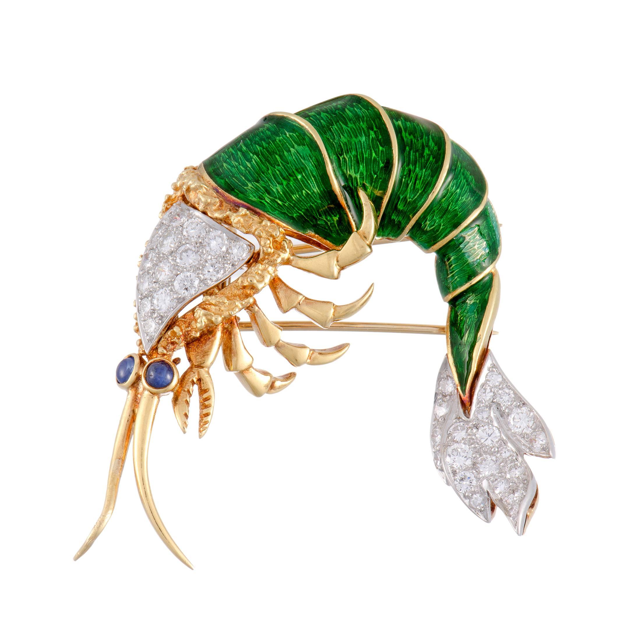 Green Enamel Gold Diamond Sapphire Shrimp Brooch