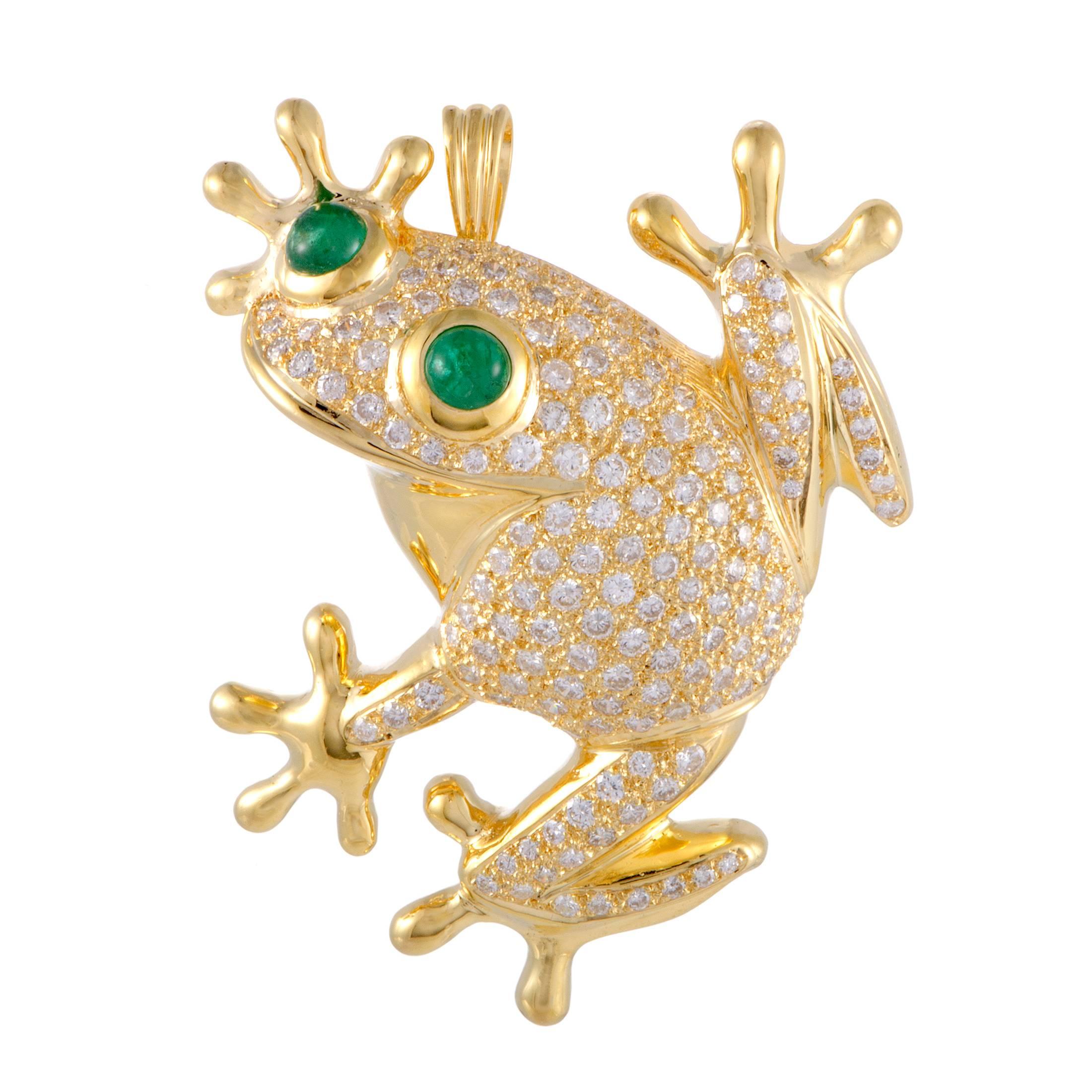 Gold Diamond Pave and Emerald Frog Pendant or Brooch