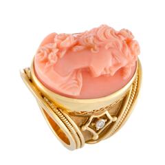 Gold Diamond and Coral Cameo Ring