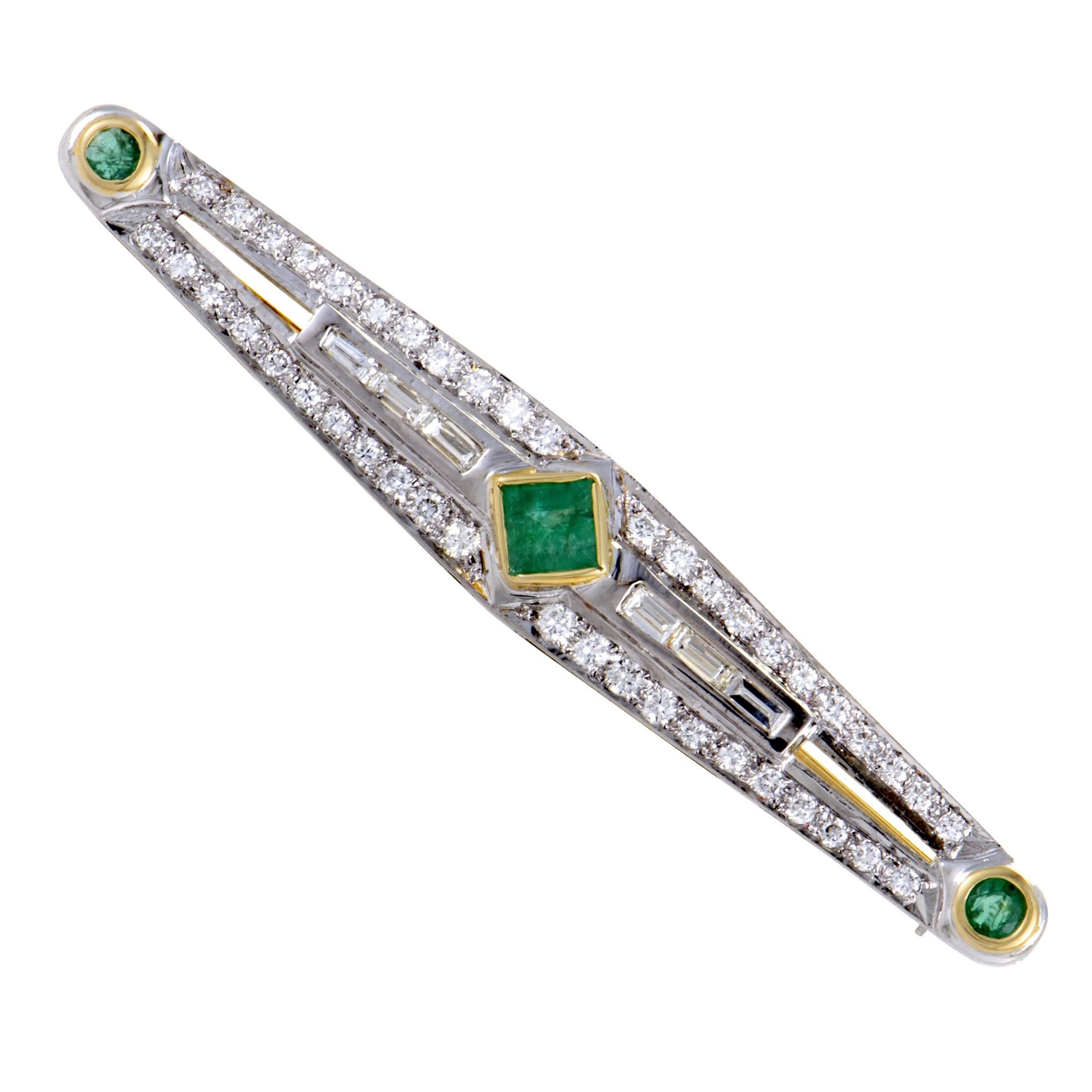 Gold Diamond and Emerald Long Brooch
