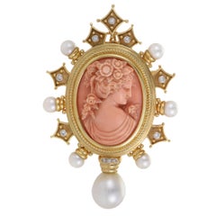 Coral Cameo Diamond Pearl Gold Brooch 3
