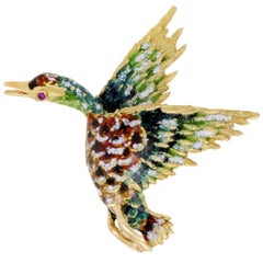 Enameled Gold Ruby Duck Brooch