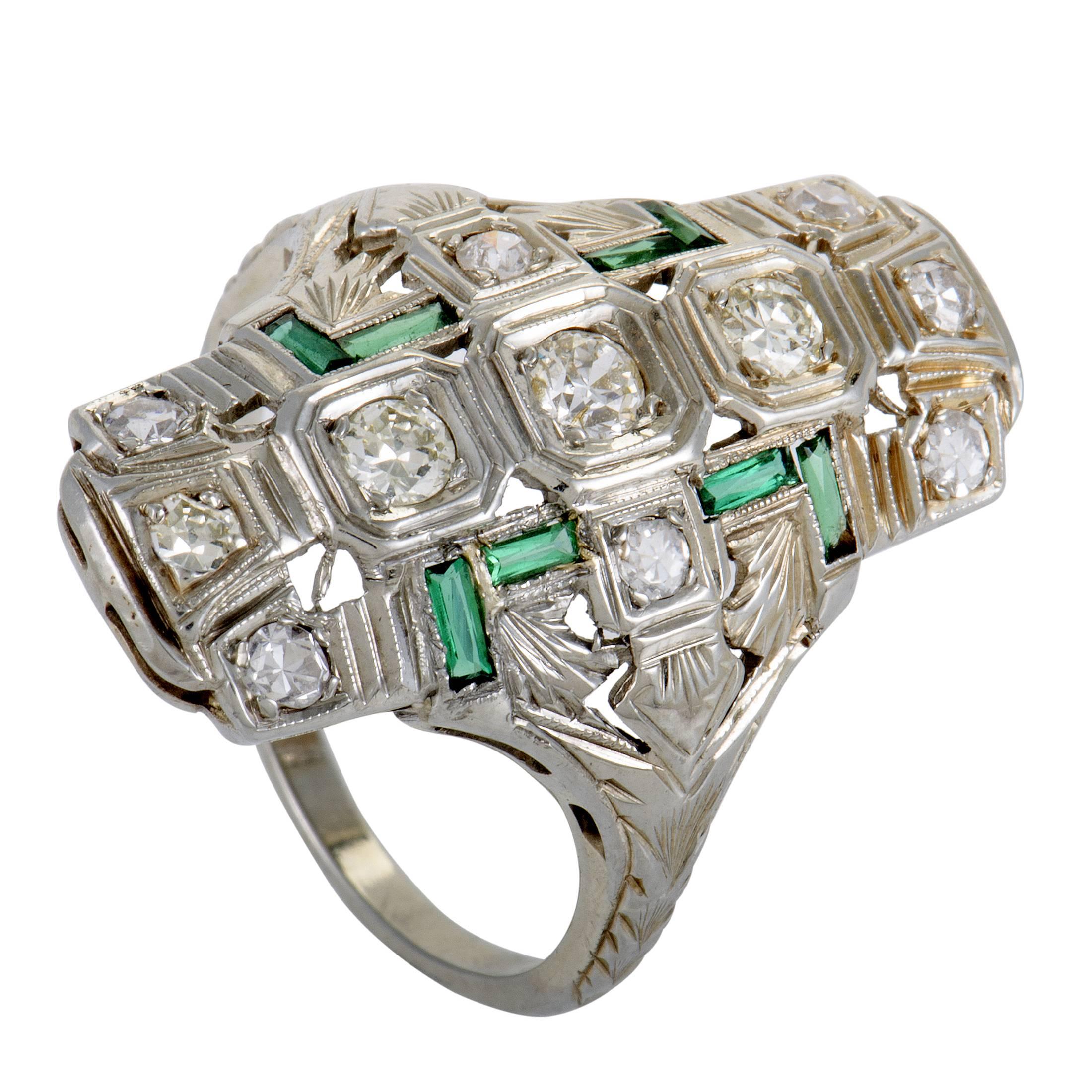 White Gold Diamond and Emerald Ring