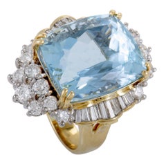 Vintage Aquamarine Baguette and Round Cut Diamond Gold Ring