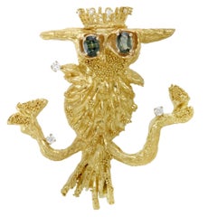 Murat Diamond and Green Tourmaline Yellow Gold Owl on the Tree Brooch 12
