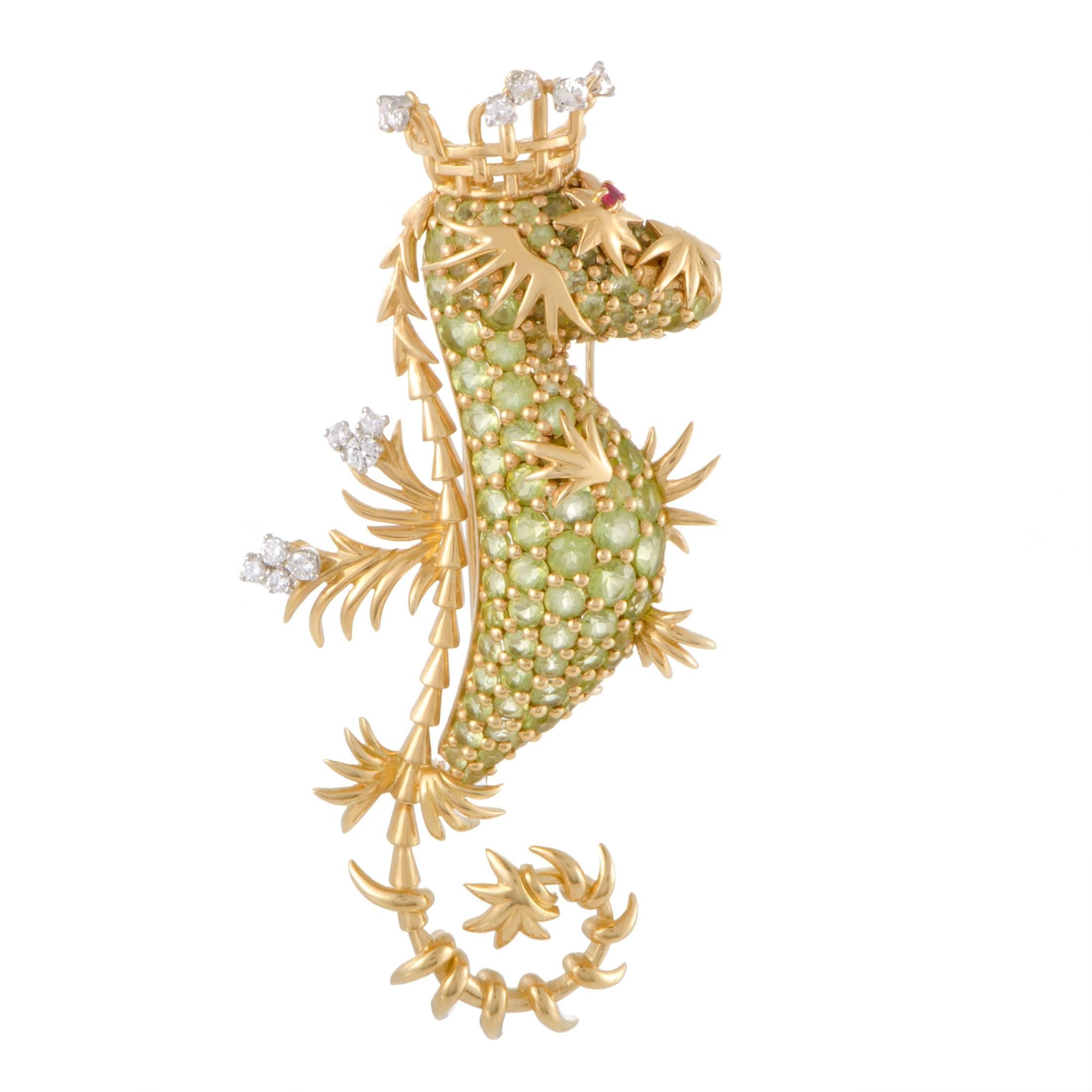 Tiffany & Co. Schlumberger Peridot Diamond Ruby Gold Seahorse Pendant Brooch