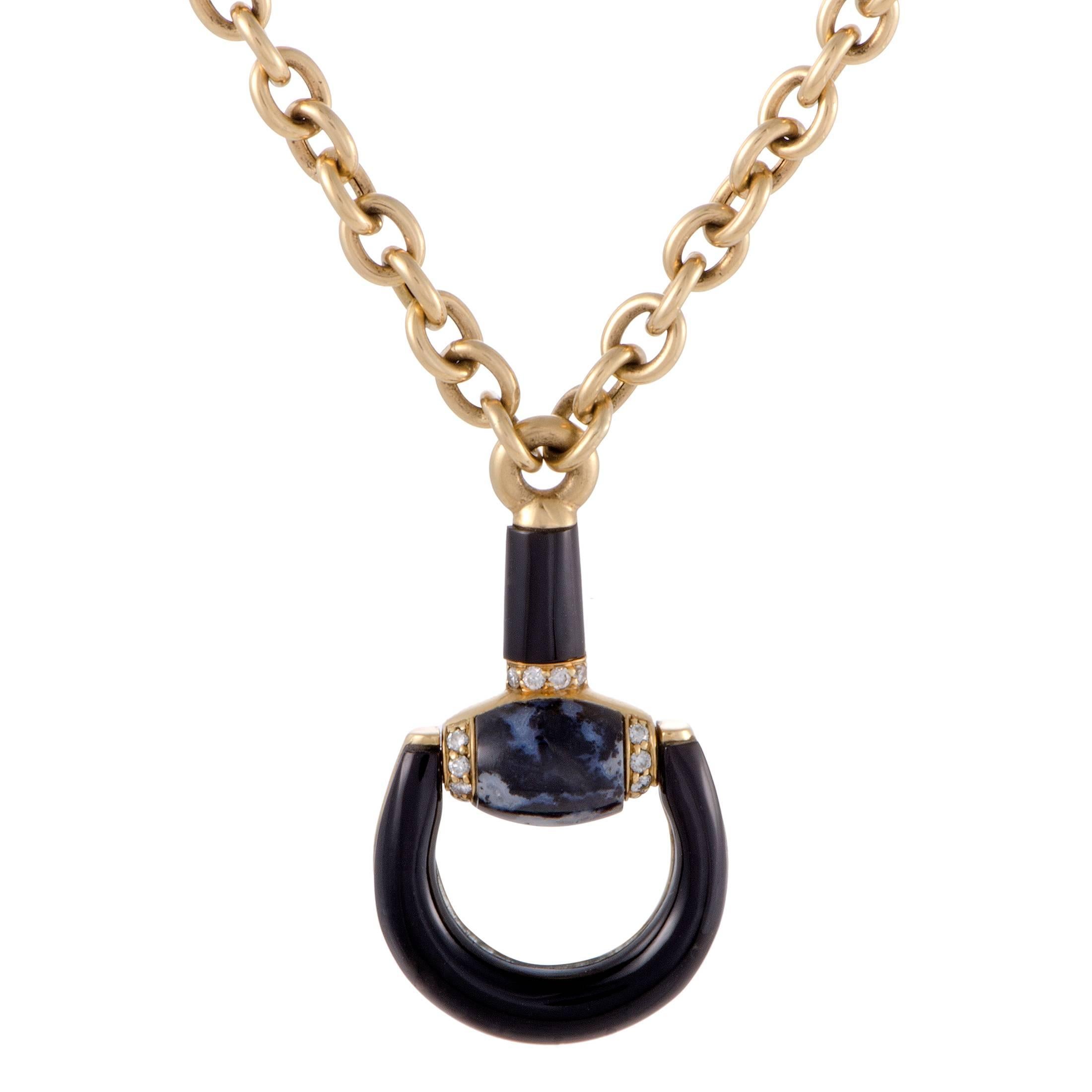 Gucci Horsebit Diamond Agate and Onyx Yellow Gold Pendant Necklace