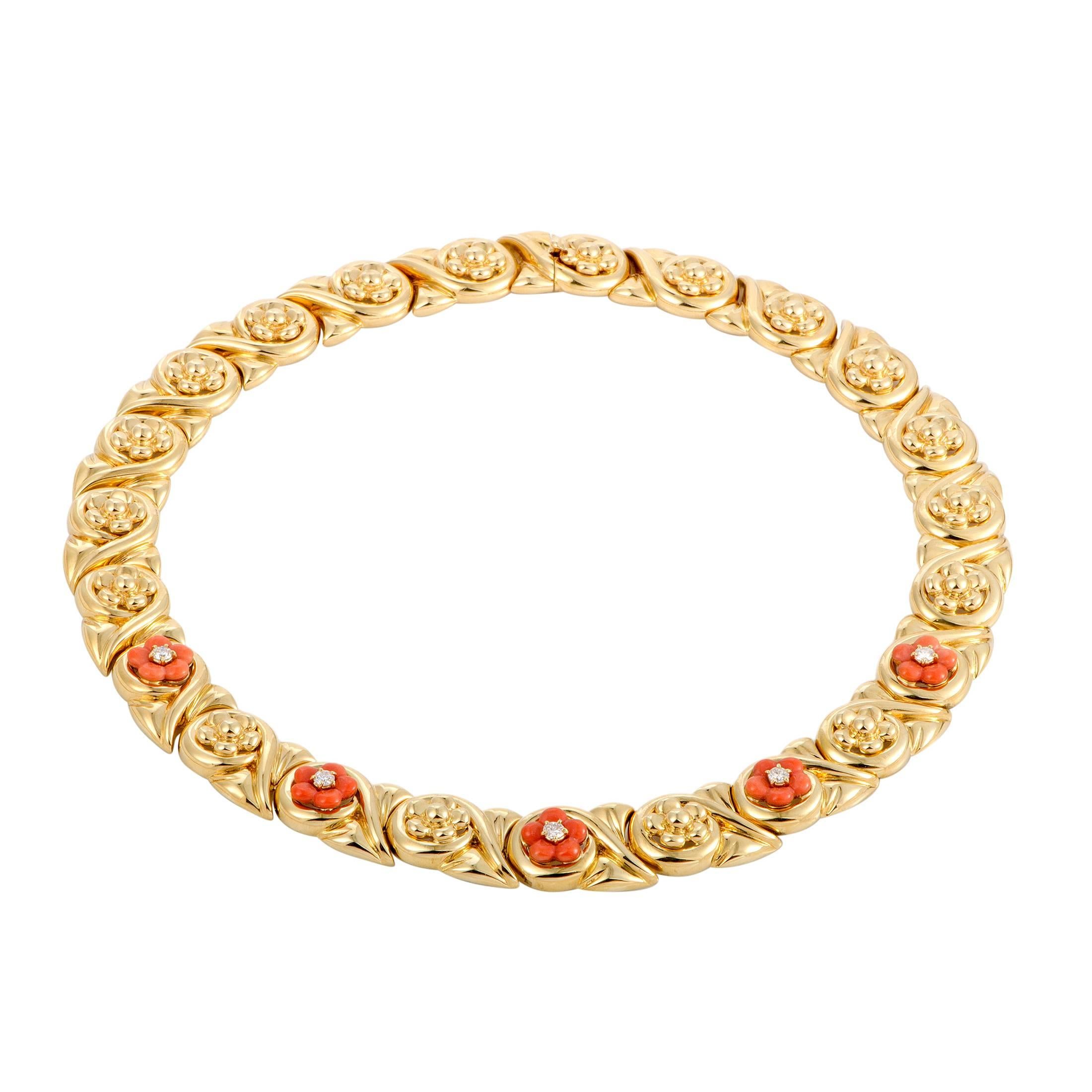 Chaumet Diamond Coral Yellow Gold Flower Collar Necklace