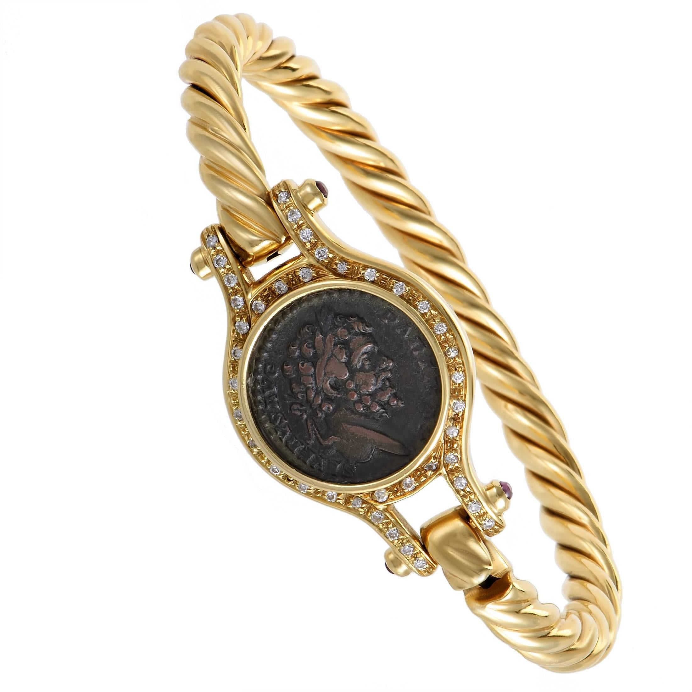 Diamond and Ruby Ancient Coin Yellow Gold Bangle Bracelet