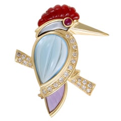 Diamond and Gemstone Yellow Gold Bird Pendant Brooch