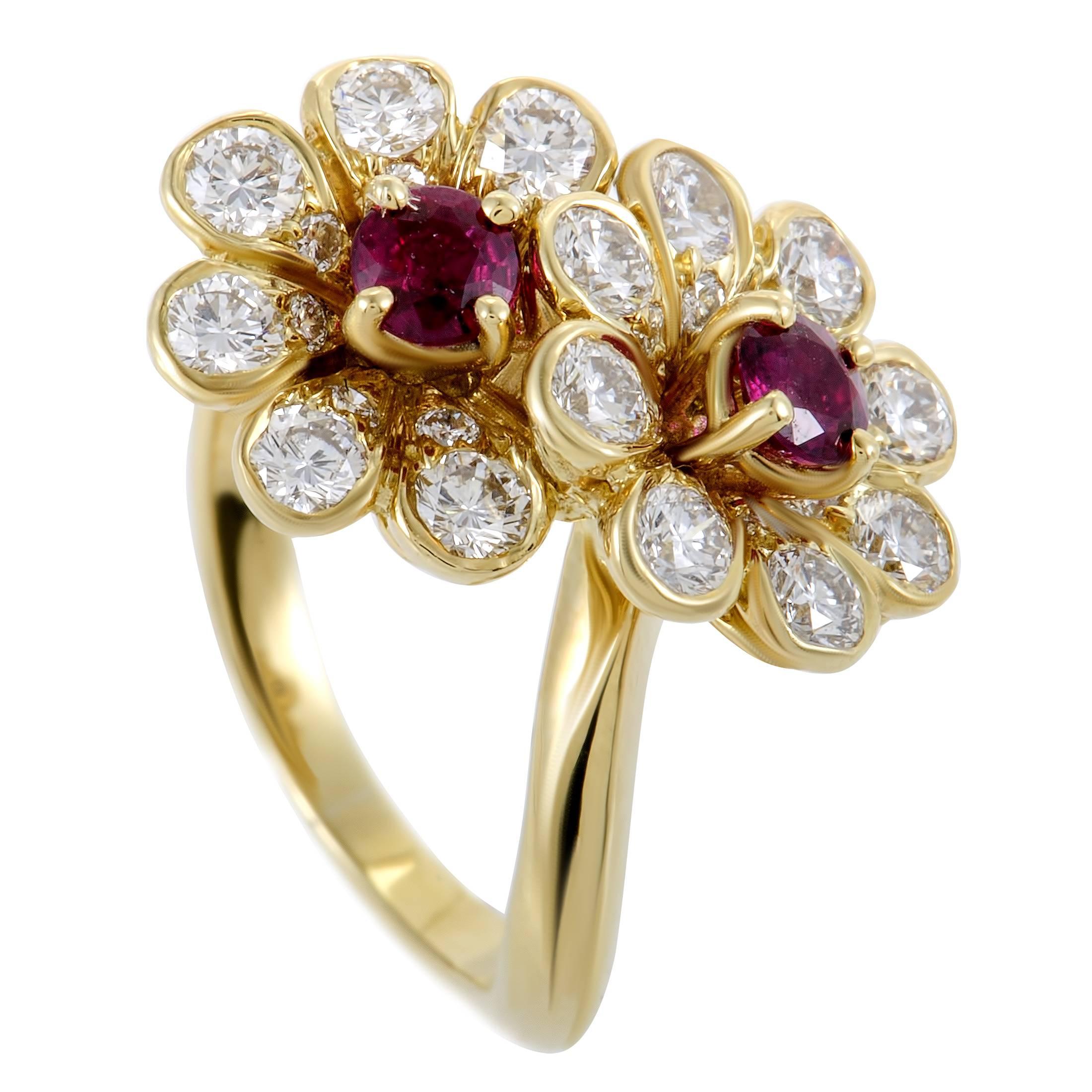 Tiffany & Co. Diamond and Ruby Yellow Gold Flower Ring