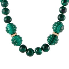 Vintage Diamond and Malachite Yellow Gold Beaded Choker Necklace