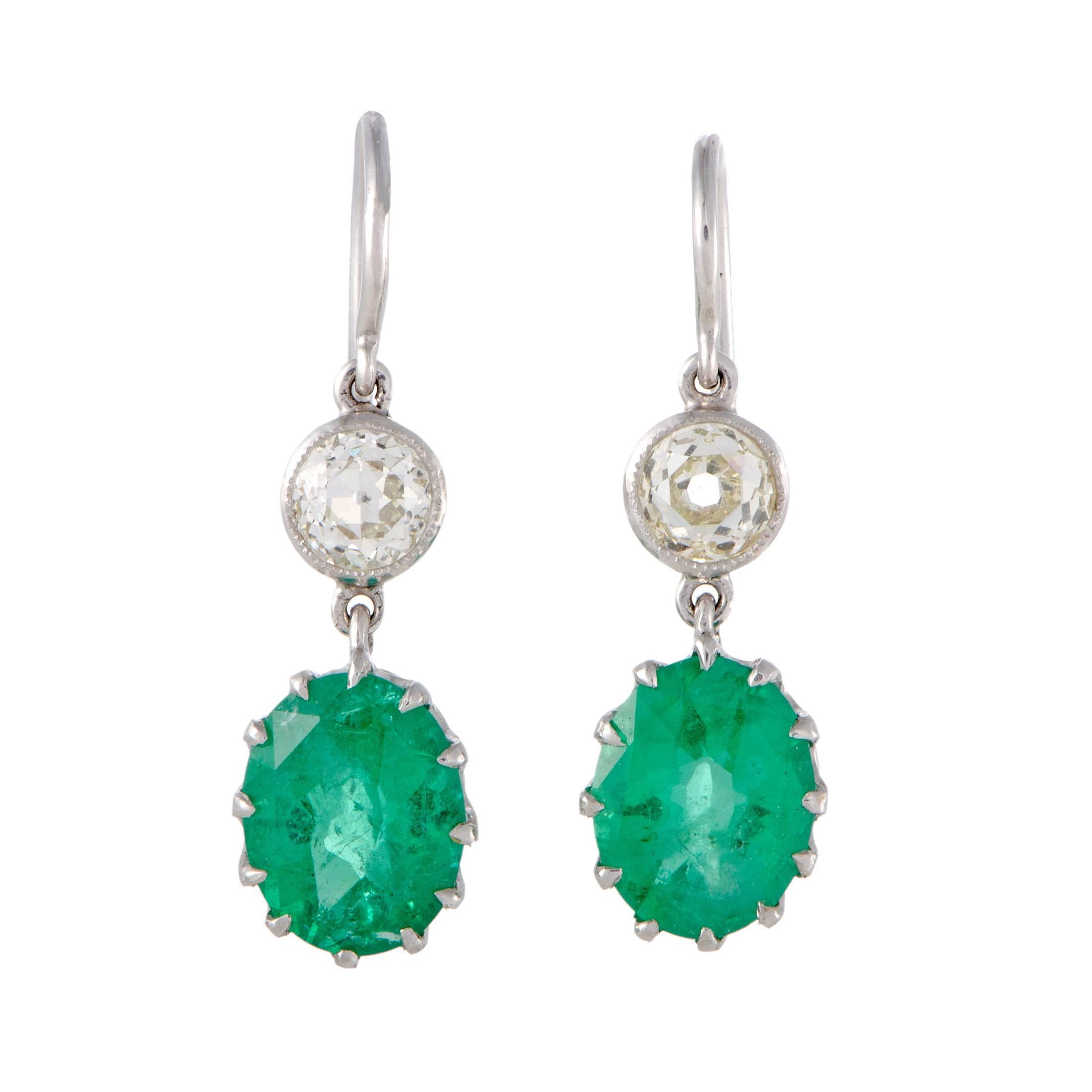 Diamond and Emerald White Gold Dangle Earrings
