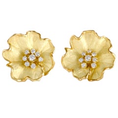Diamond and Enamel Yellow Gold Flower Earrings