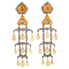 Diamond and Citrine Gold and Silver Long Chandelier Earrings 5