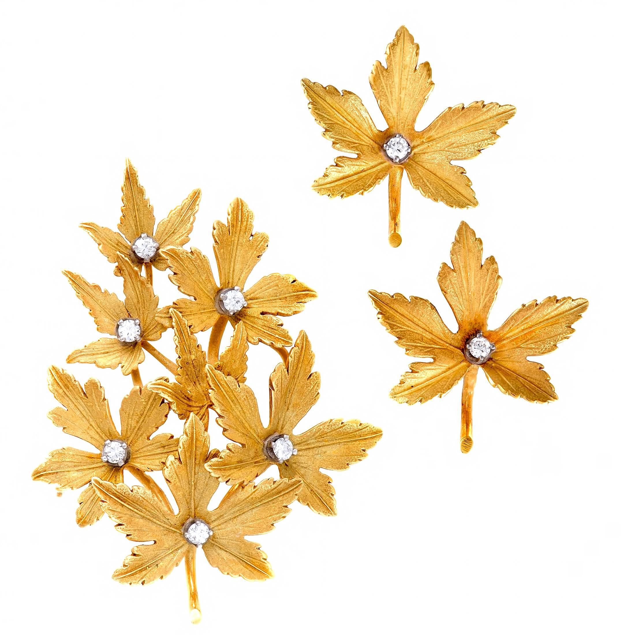 Diamond Yellow Gold Leaf Earrings and Brooch Set