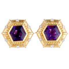 Hexagonal Diamond and Amethyst Yellow Gold Earrings Hexagonal Diamond and Amethyst Yellow Gold Earrings