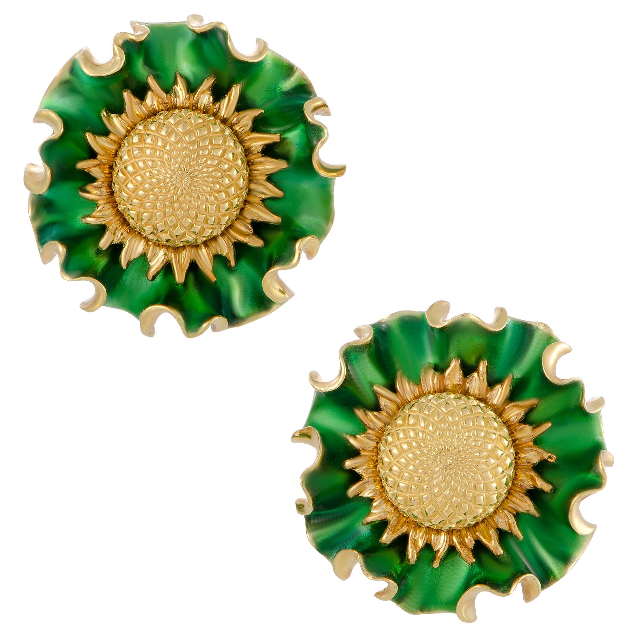 Lee Havens Enameled Yellow Gold Large Flower Clip-On Earrings