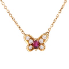 Van Cleef & Arpels Diamond and Ruby Yellow Gold Butterfly Pendant Necklace
