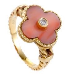 Van Cleef & Arpels Retro Alhambra Diamond and Coral Yellow Gold Ring