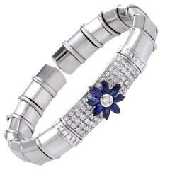 Diamond and Sapphire Flower White Gold Open Bangle Bracelet