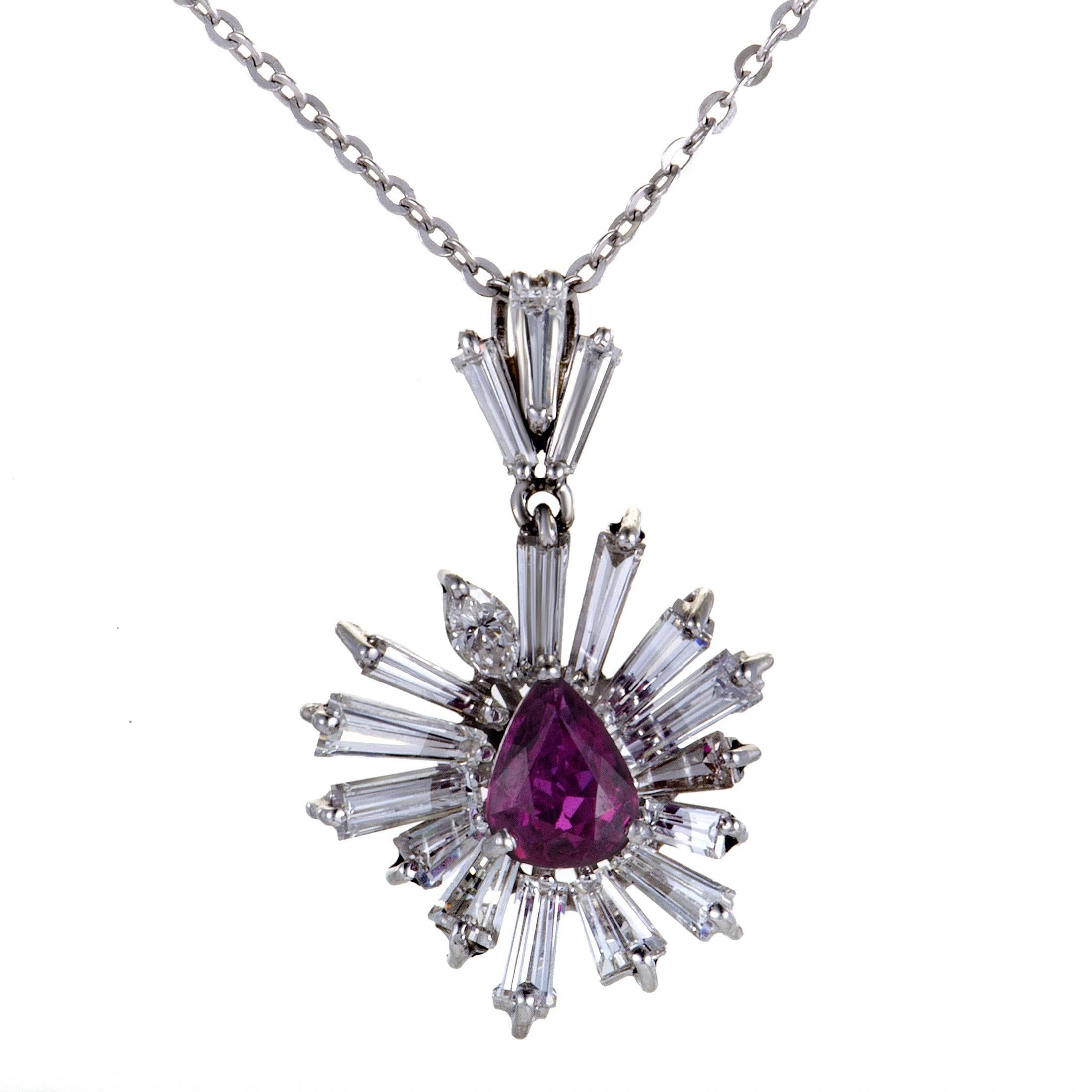 Diamond and Ruby White Gold Flower Pendant Necklace
