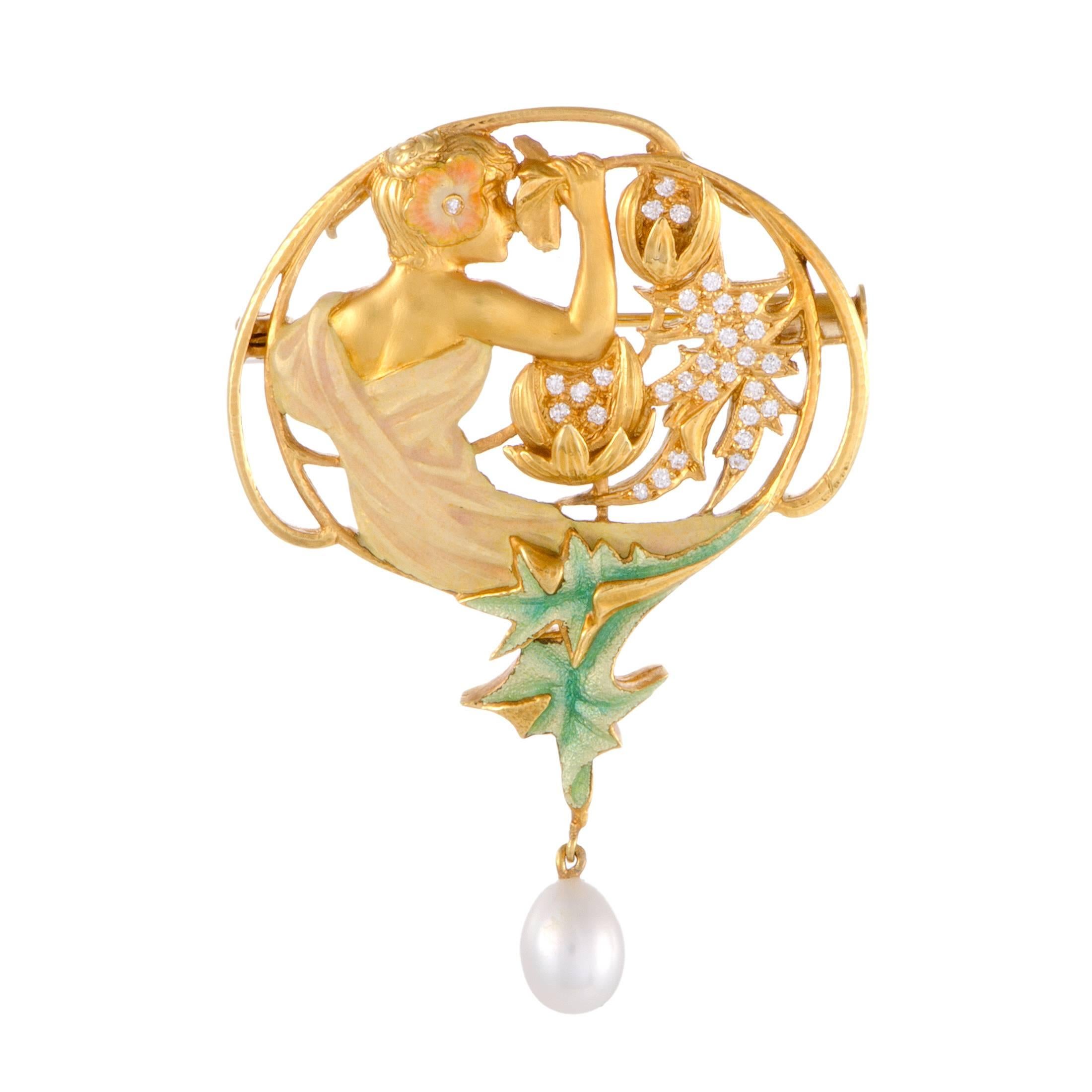 Masriera Diamond and Pearl Yellow Gold Brooch/Pendant