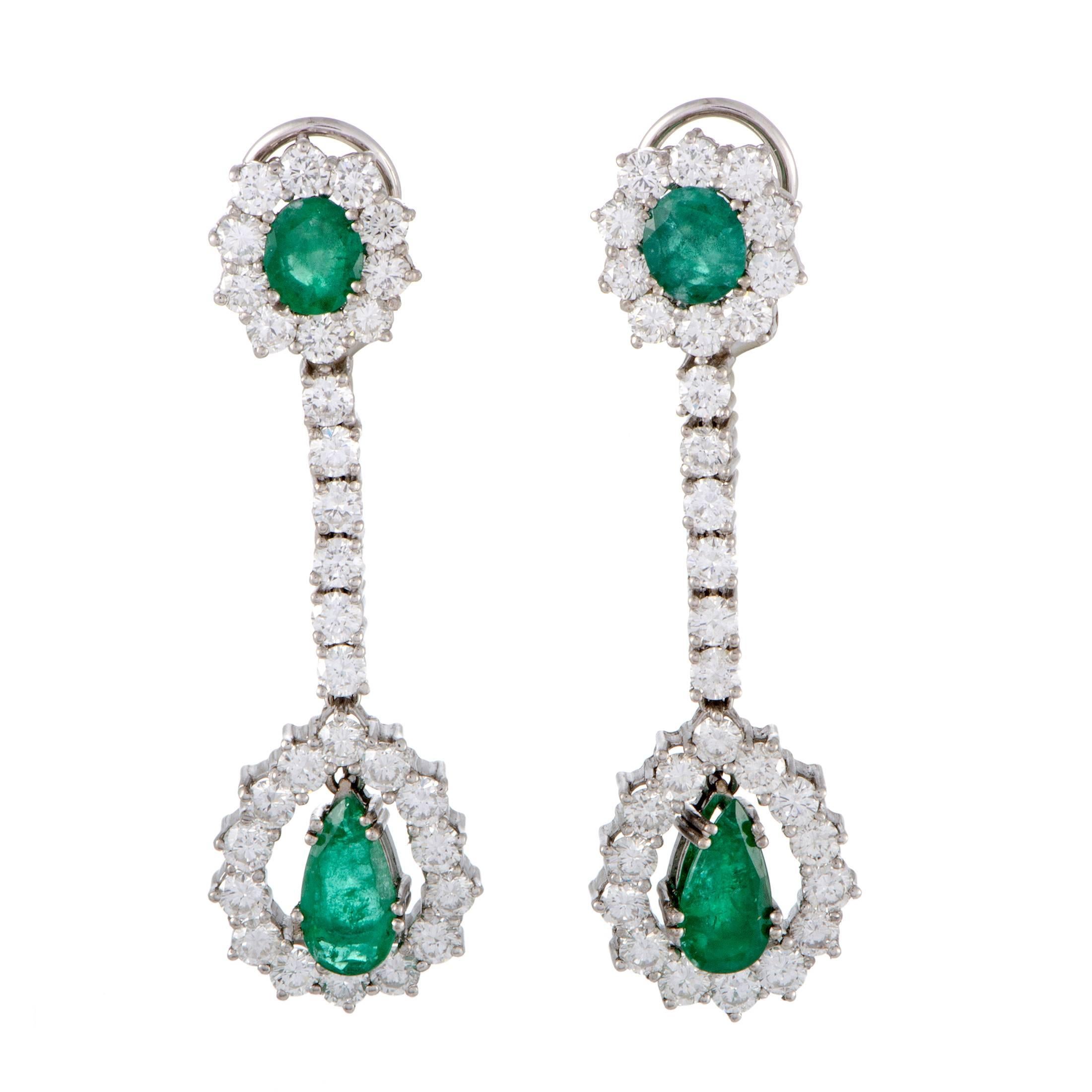 Full Diamond Pave and Emerald White Gold Long Drop Earrings