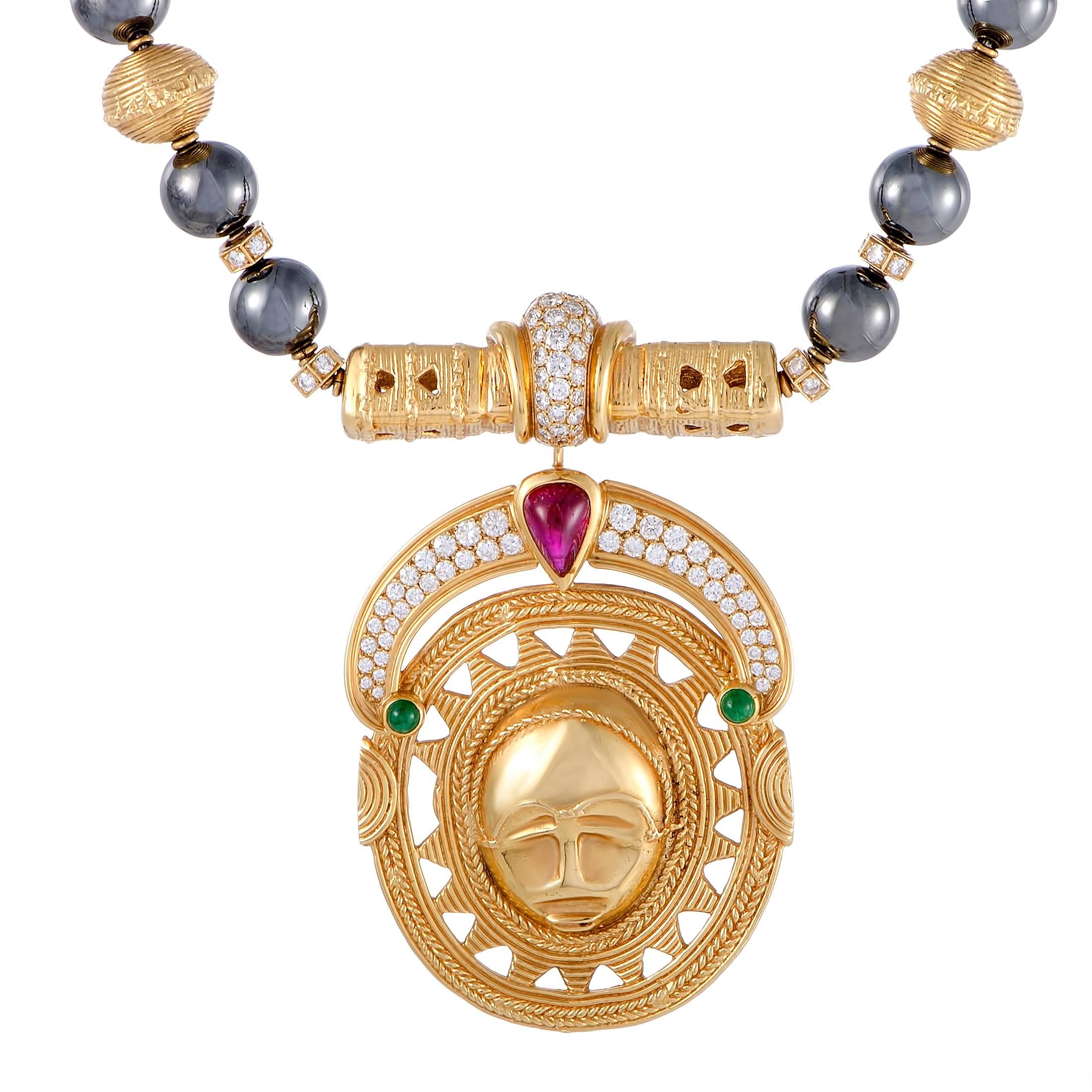 Boucheron Precious Gemstone and Hematite Beaded Yellow Gold Sun Pendant Neck