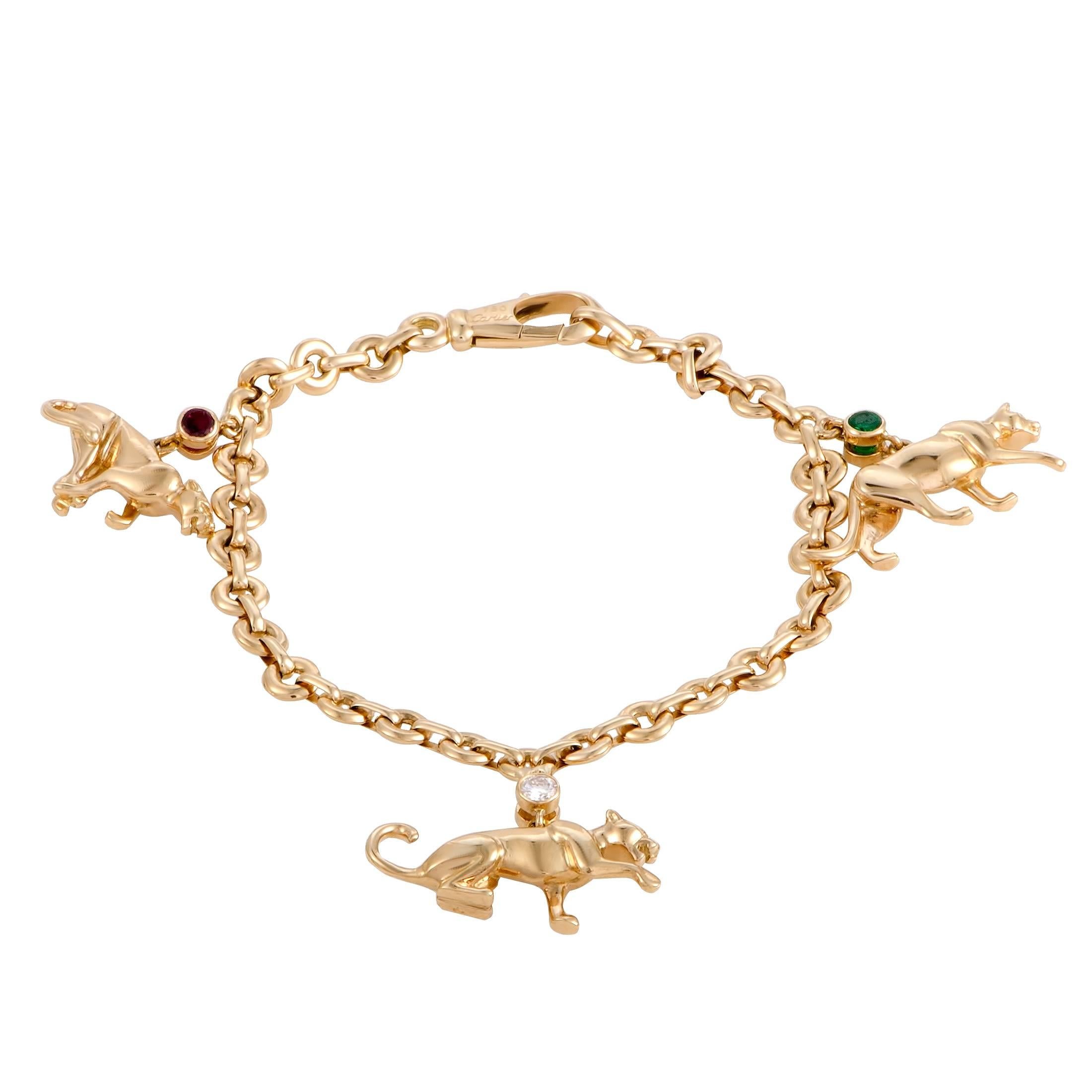 Cartier Panthere Diamond Ruby and Emerald Yellow Gold Panther Charm Bracelet