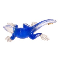 Vhernier Diamond Lapis and Rock Crystal White Gold Lizard Brooch