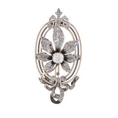 Diamond Yellow Gold and Silver Flower Pendant/Brooch