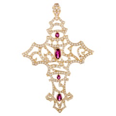 Full Diamond Pave and Pink Sapphire Yellow Gold Cross Pendant