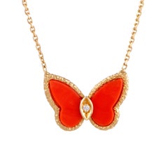 Vintage Van Cleef & Arpels Diamond and Coral Yellow Gold Butterfly Pendant Necklace