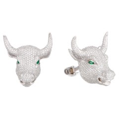 Jacob & Co. Full Diamond Pave and Emerald White Gold Bull Head Cufflinks