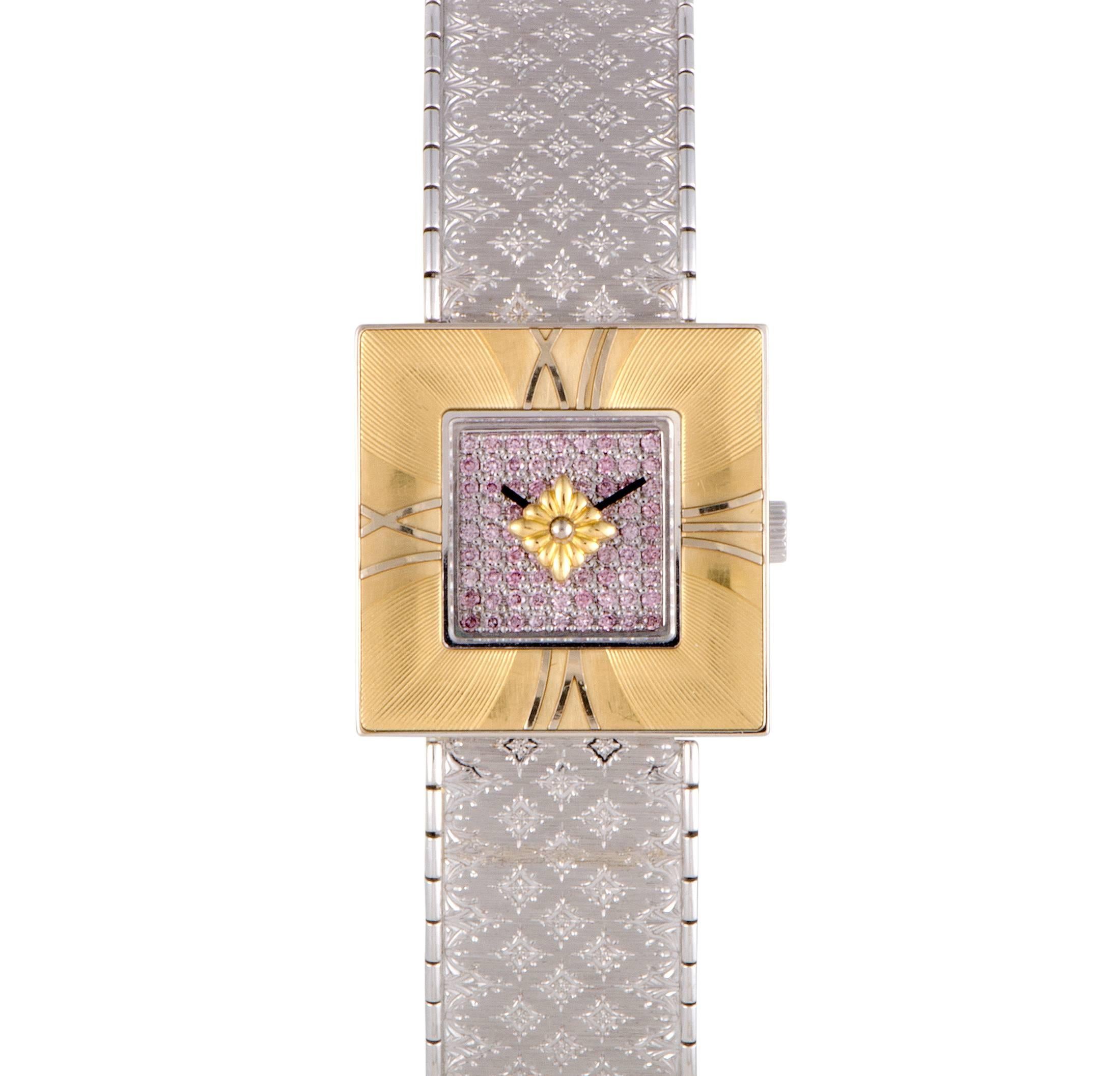 Buccellati Ladies Yellow Gold Square Agalmachron Pink Diamond Quartz Wristwatch