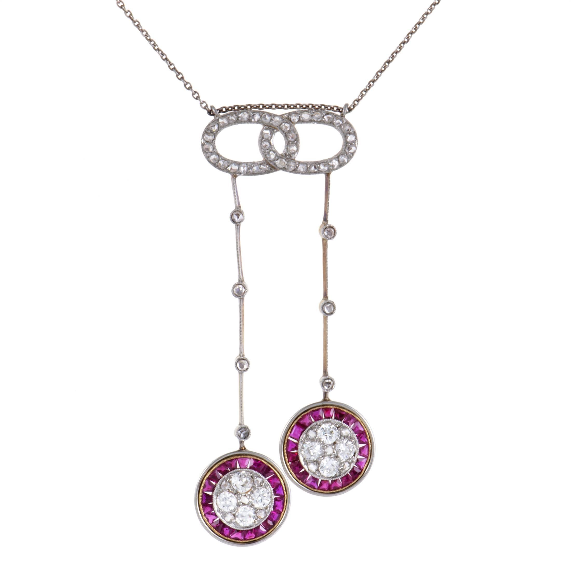 Diamond and Ruby White and Yellow Gold Dangling Pendants Necklace