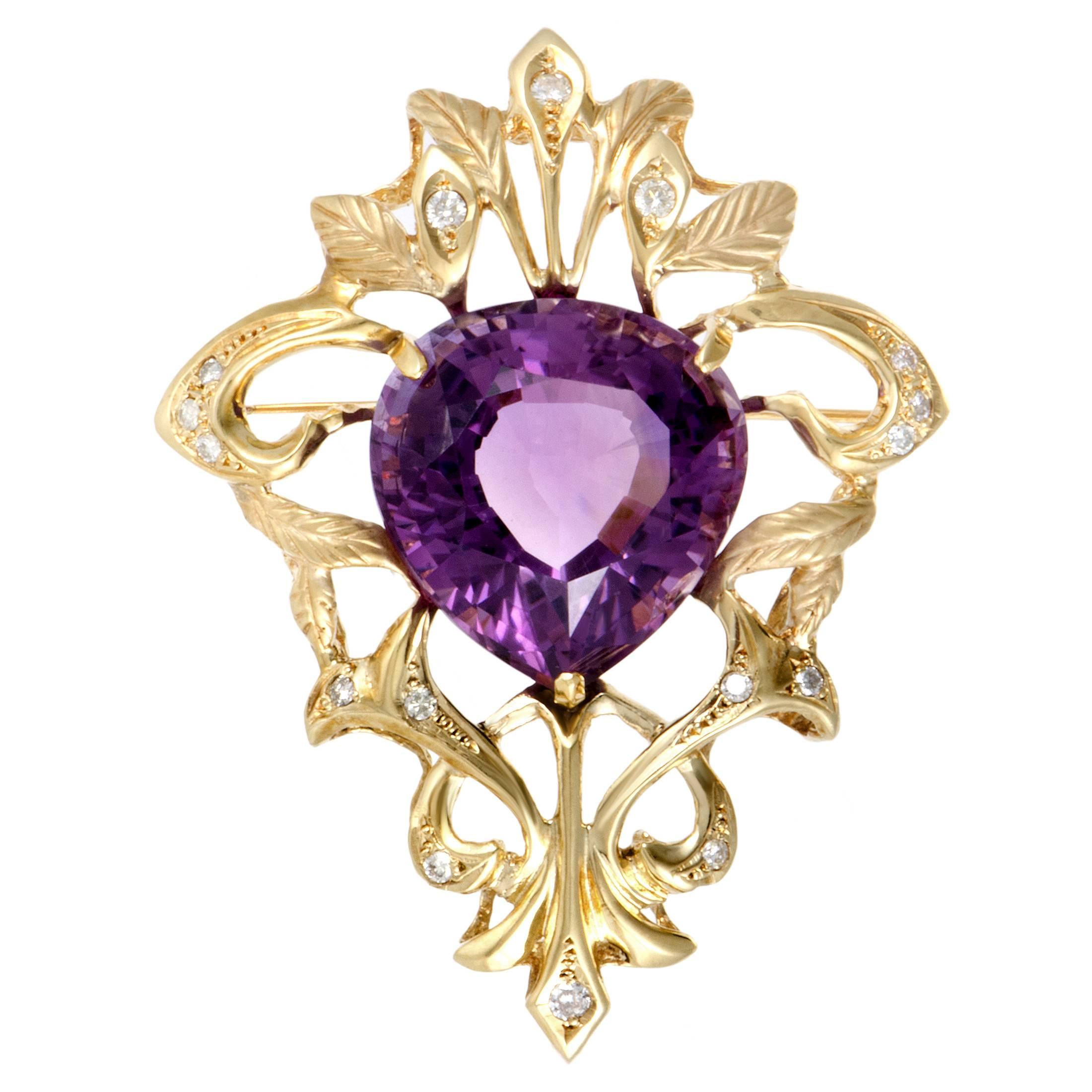 Diamond and Amethyst Yellow Gold Pendant/Brooch