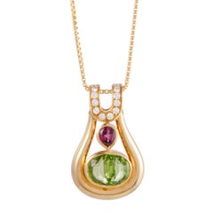 Diamond Pink Tourmaline and Peridot Yellow Gold Pendant Necklace