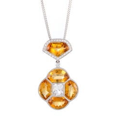 Diamond White Sapphire and Citrine White Gold Pendant Necklace
