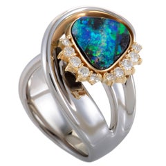 Diamond and Fire Opal Swirled Platinum and Yellow Gold Ring