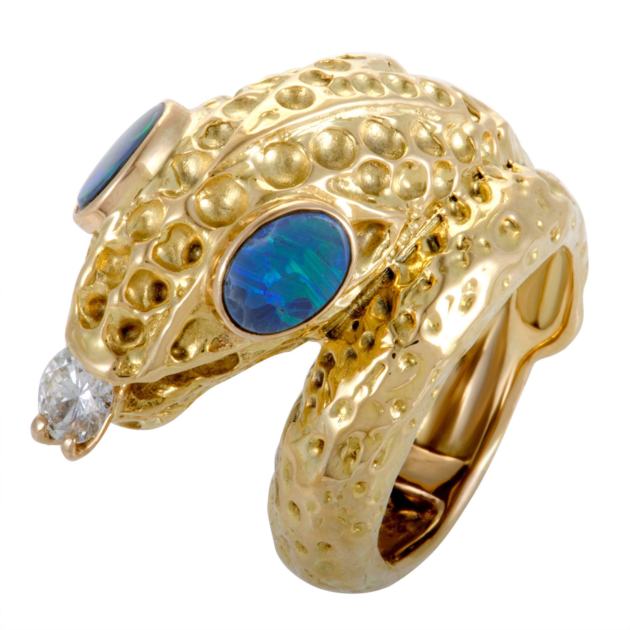 Diamond and Fire Opal Yellow Gold Snake Ring